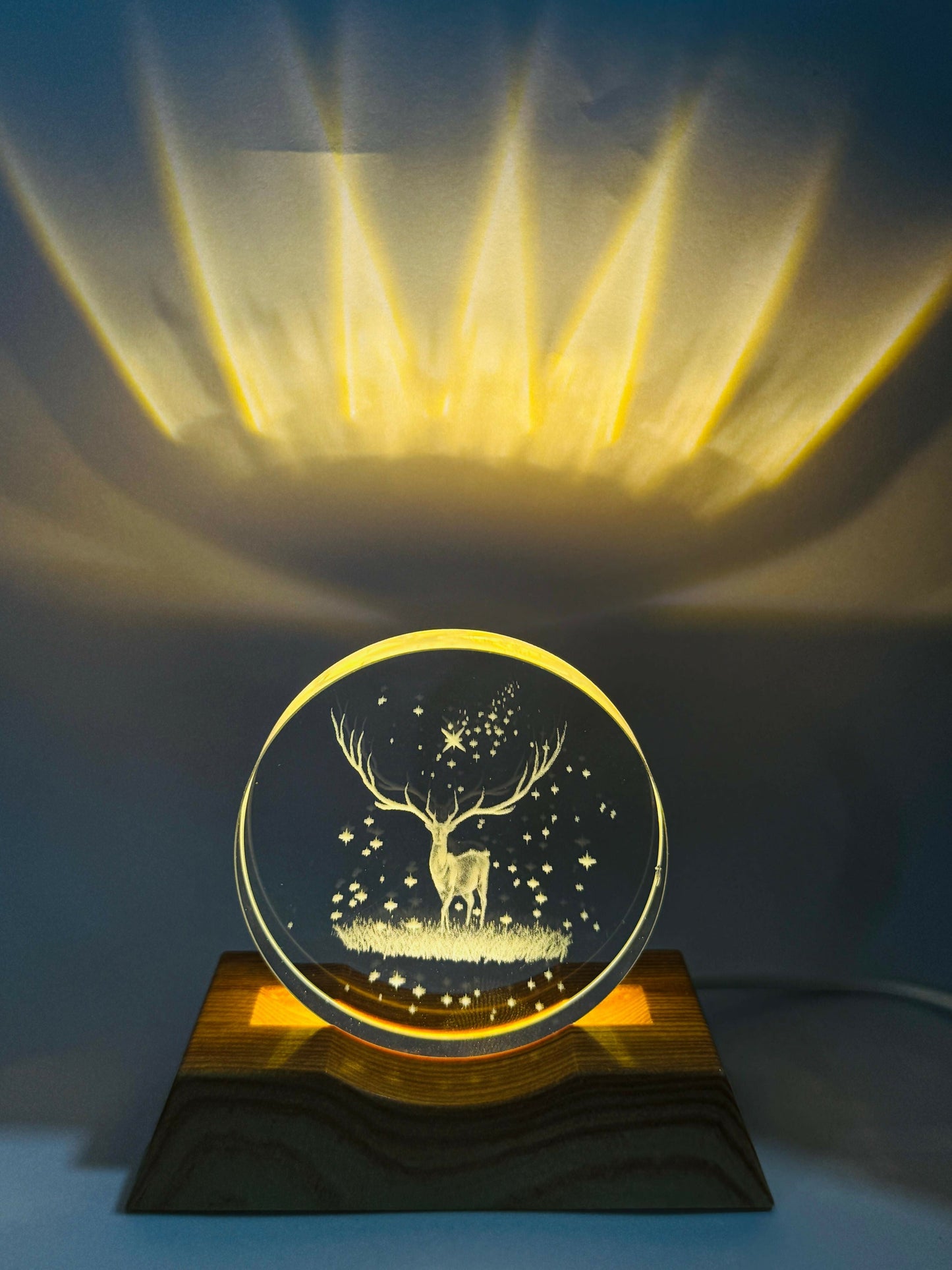 3D Deer Night Lamp with Wooden Base | Laser Engraved Acrylic LED Light with Starry Sky Design | Aesthetic Bedside Lamp for Home Decor, Kids Room, Nature Lovers & Gifting | Warm Ambient Glow Light